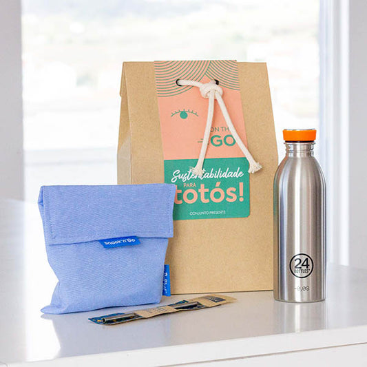 Conjunto Palhinha aço + Garrafa Urban 500ML aço + Bolsa porta-lanches azul